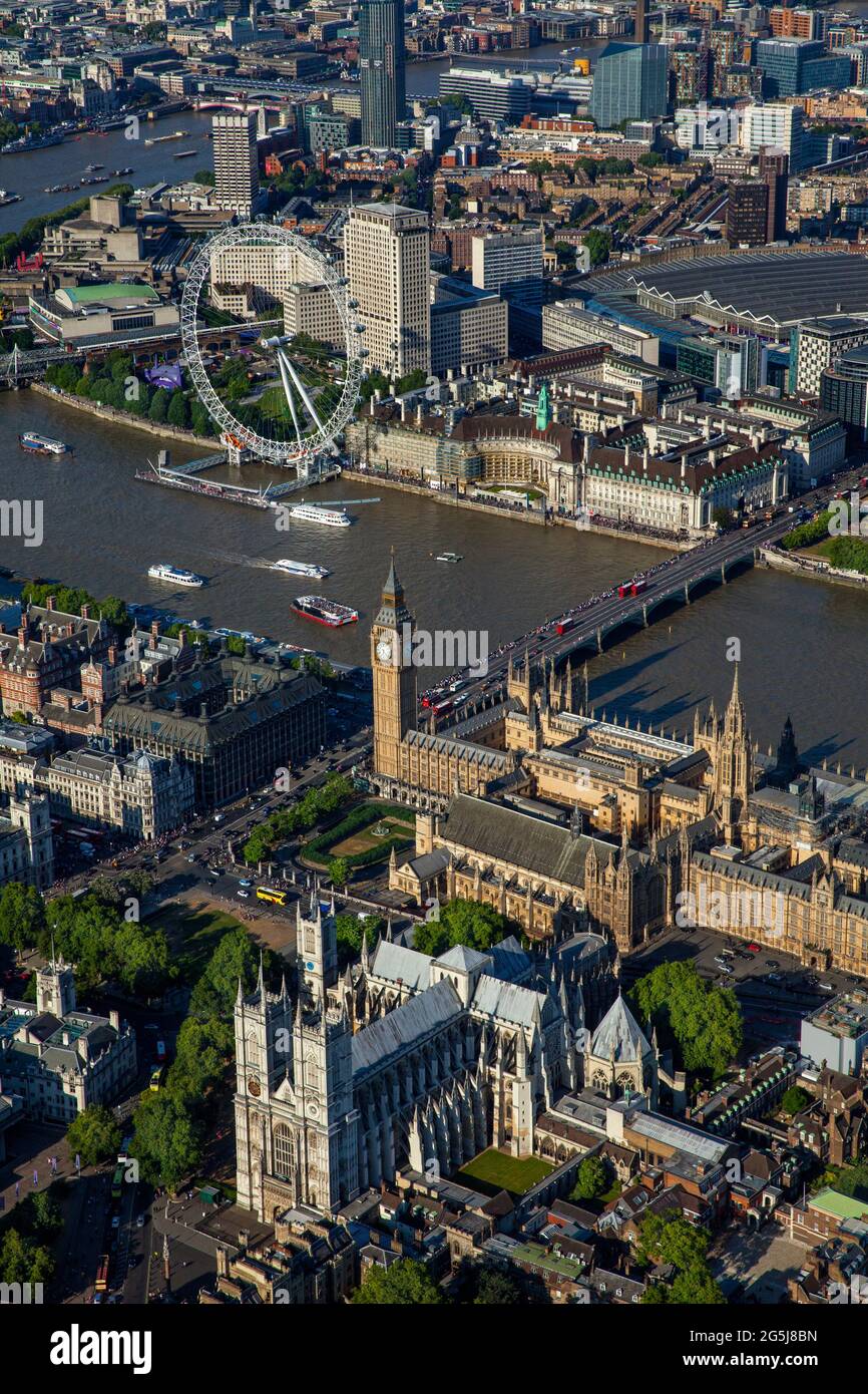 UK, London, Aerial view of Westminster Abbey and Houses of Parliament Stock Photo