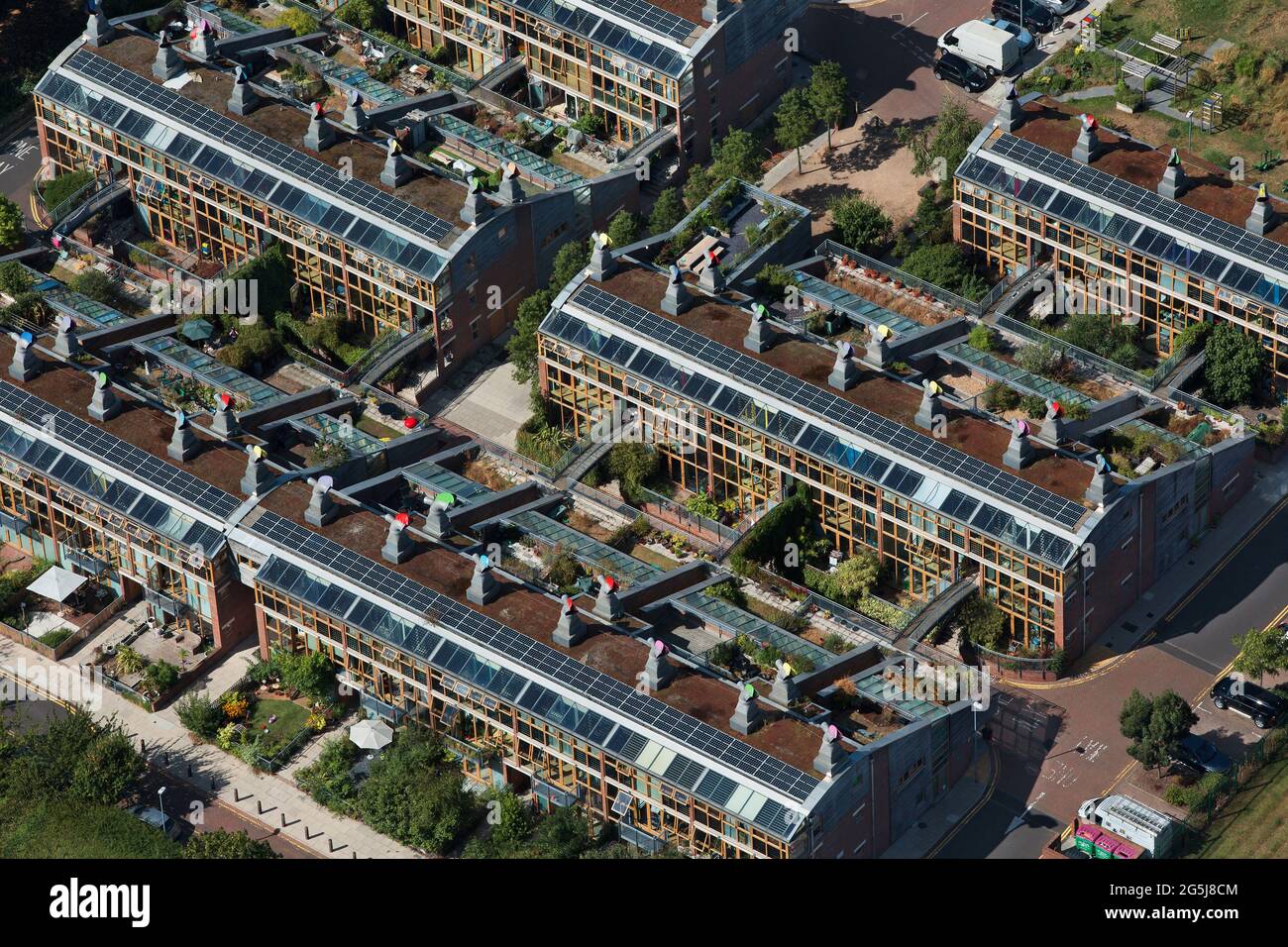 UK, London, Hackbridge, Aerial view of BedZED housing development Stock