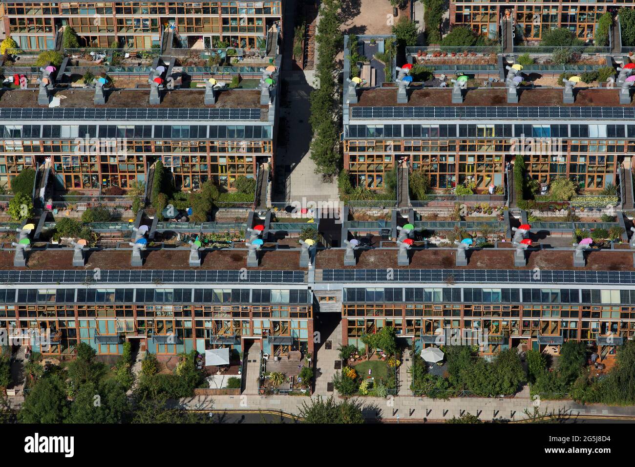 UK, London, Hackbridge, Aerial view of BedZED housing development Stock