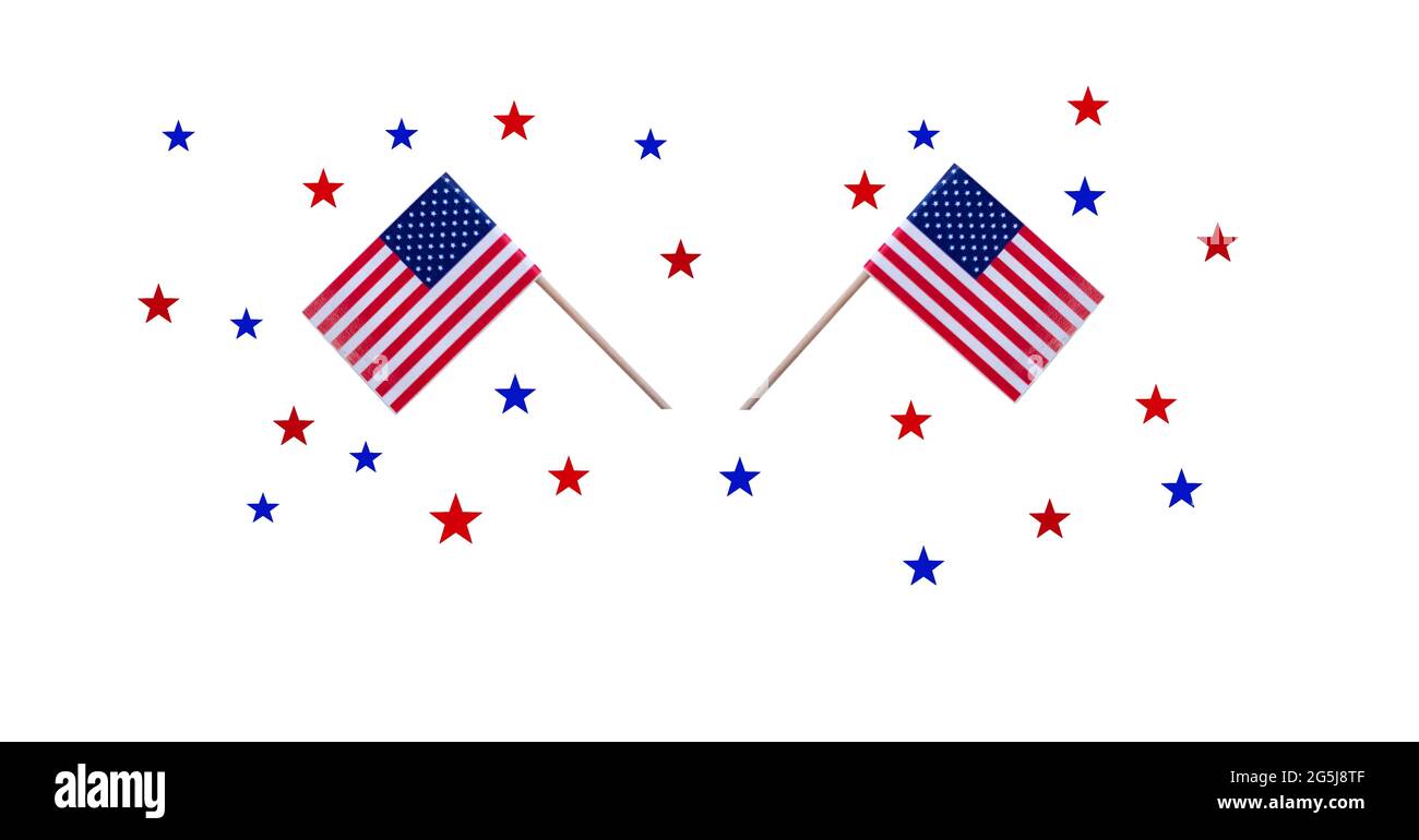 Composition of american flags, with red and blue stars, on white Stock