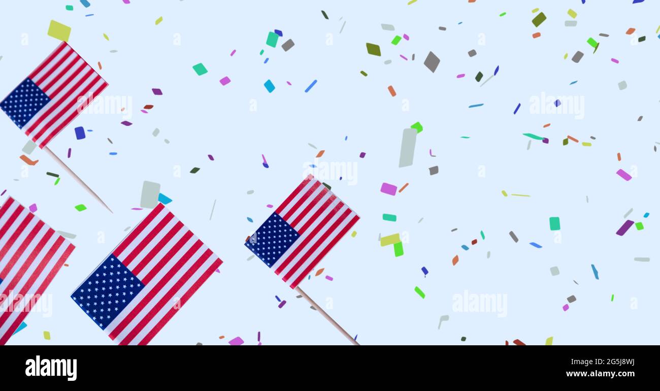 Composition of american flags, over falling confetti, on white Stock
