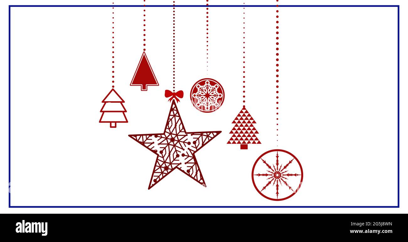 Composition of red christmas decorations on white with blue frame, colours of american flag Stock Photo