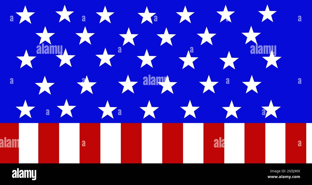 Composition of white stars on blue, with red and white stripes of