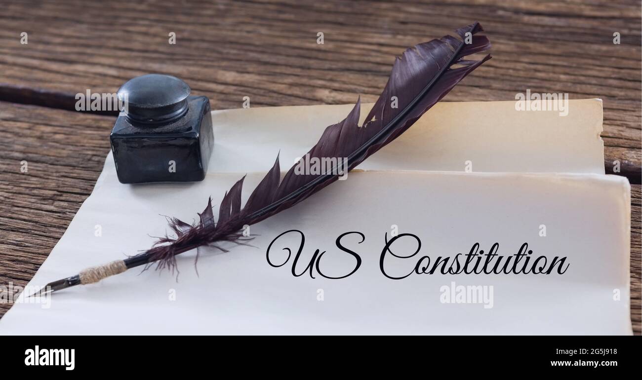 Composition of text us constitution, with quill pen and inkwell on antique documents Stock Photo