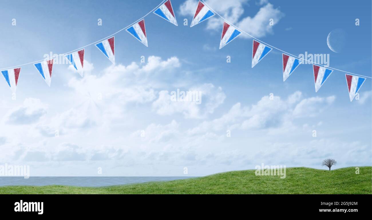 Composition of pennants with red, white and blue of american flag, over blue sky and green field Stock Photo