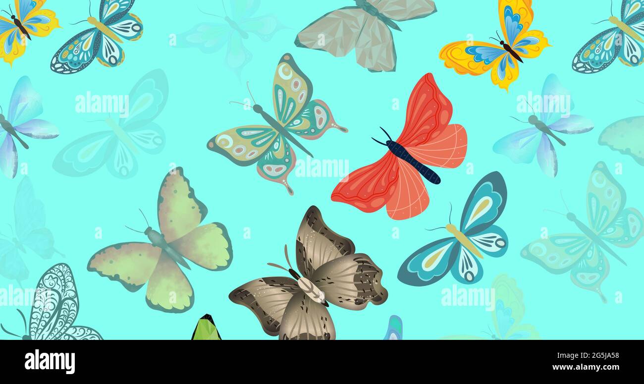 Composition of multiple rows of butterflies on blue background Stock Photo