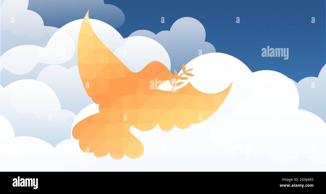 Composition of orange bird flying against clouds on blue background Stock Photo