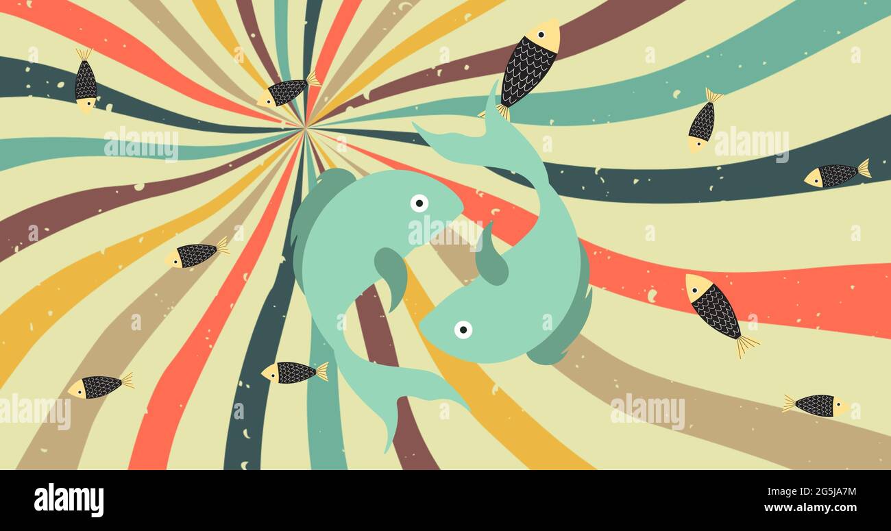 Composition of colourful fish on stripes retro background Stock Photo ...