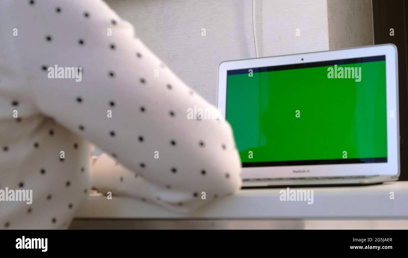 Middle aged woman uses laptop with chroma key screen, copy space. Concept for online shopping, education, work. Stock Photo