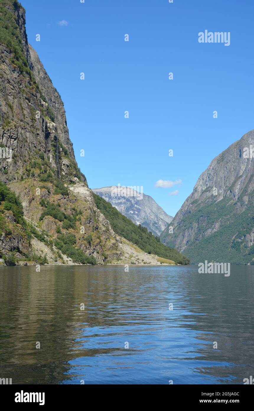 Vertical shot of Naeroyfjorden from Gudvangen, Norway. Stock Photo