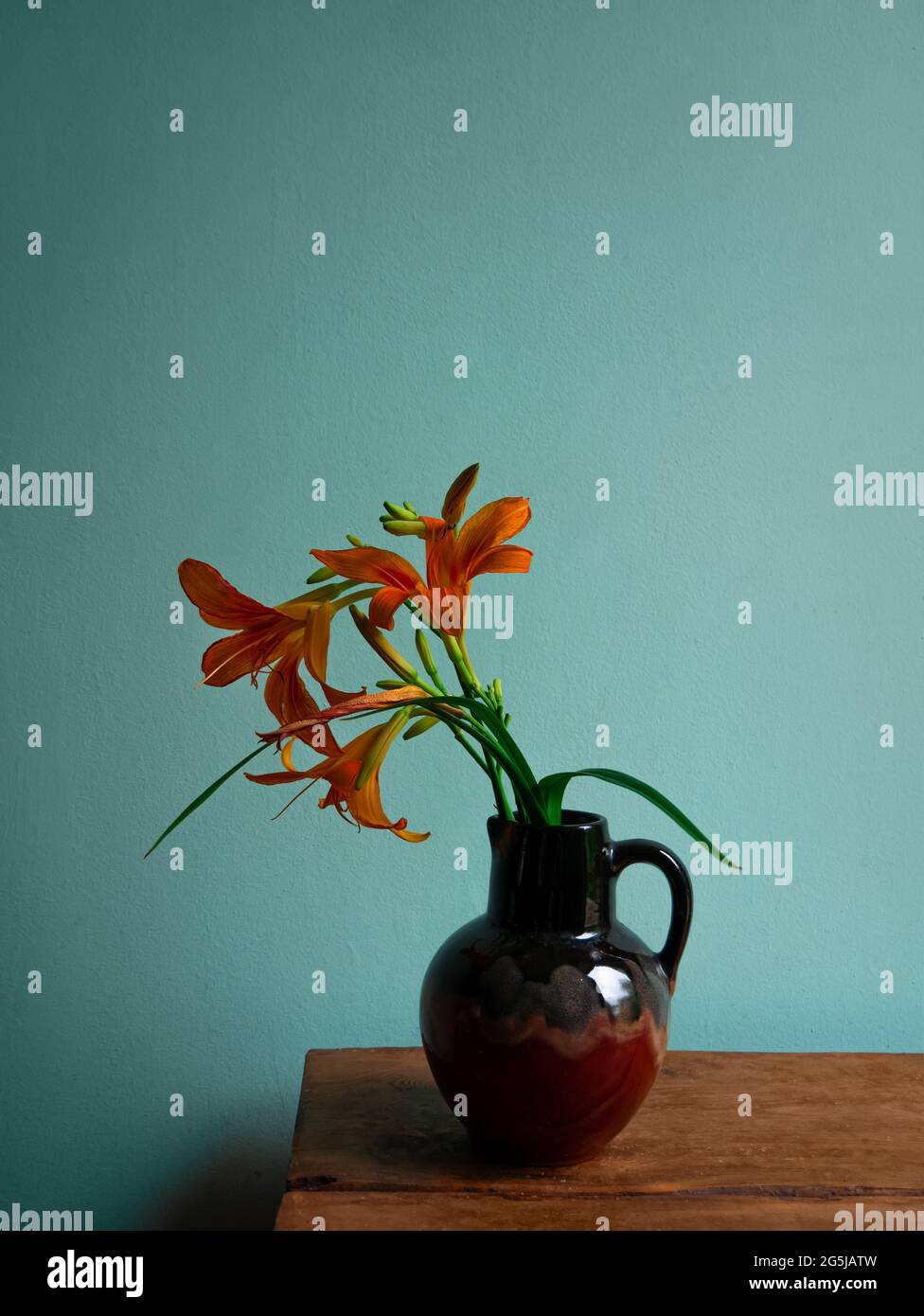 Tiger lily in ceramic vase with shadow turquoise wall background. Lilium lancifolium orange flowers bouquet on wooden farmhouse table. Summer cottagec Stock Photo