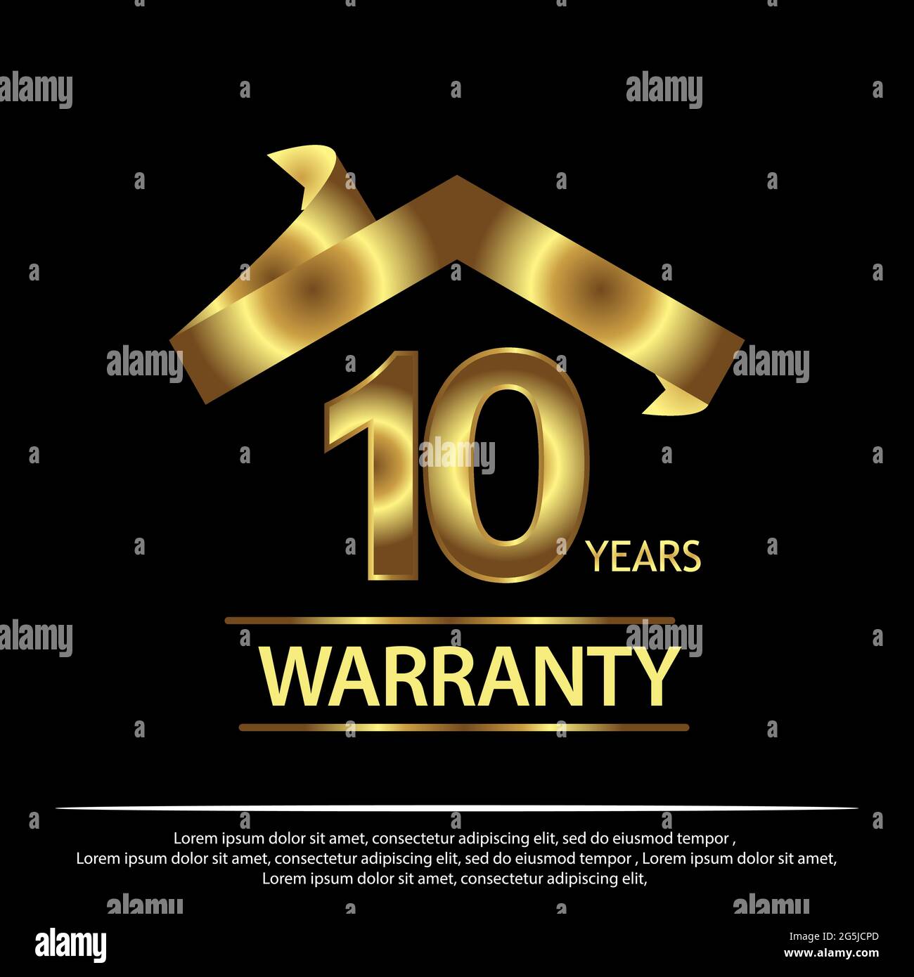 Ten year warranty golden label on black background - Vector Stock Vector