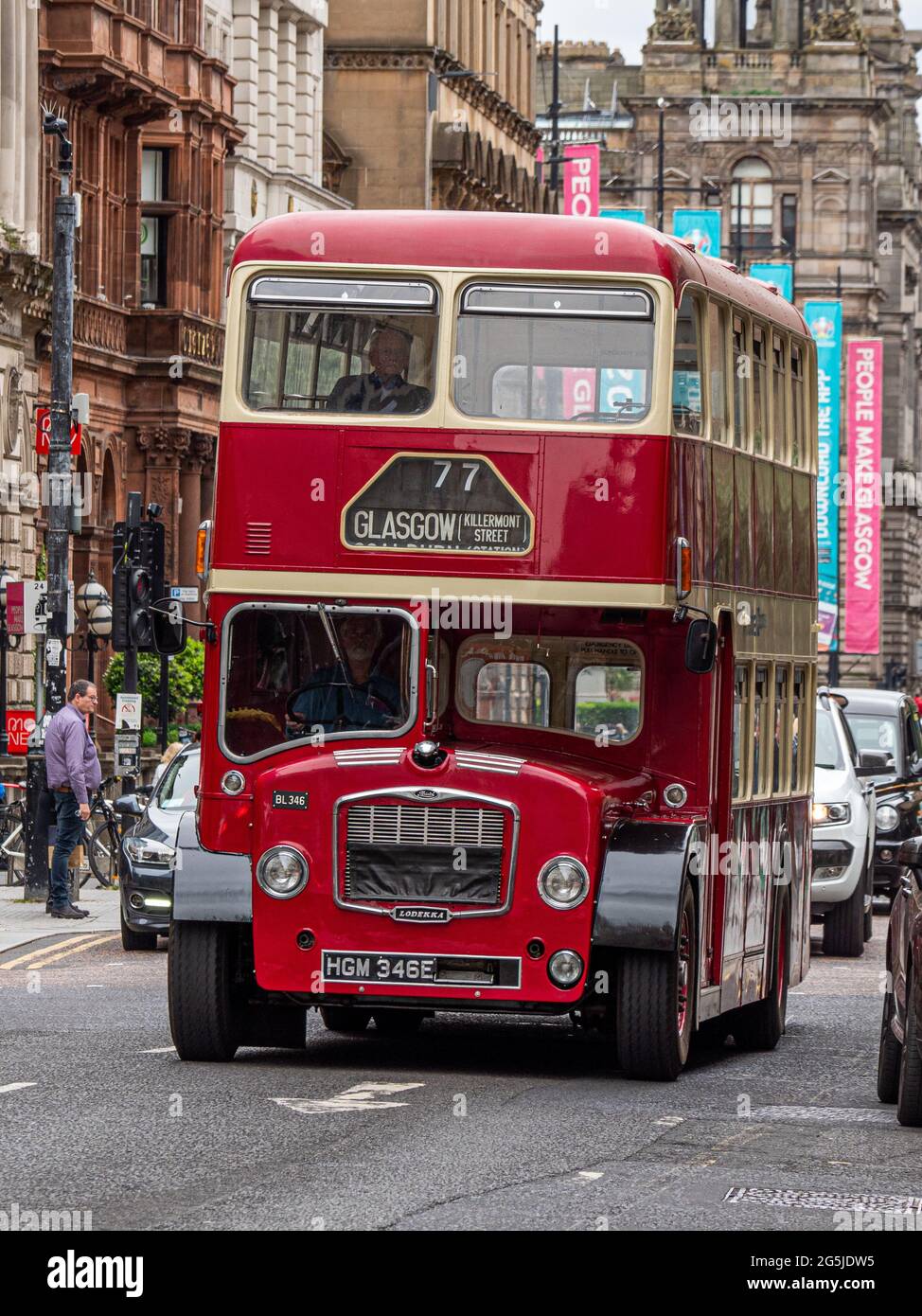 Glasgow, Scotland, UK. 26th June, 2021. Glasgow Vintage Vehicle Trust showcase their collection of vintage buses around the streets of Glasgow as part Stock Photo
