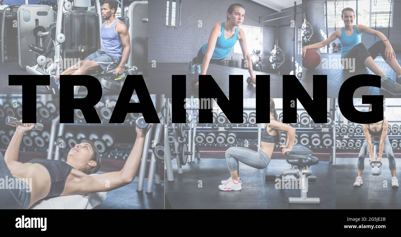 Composition of training text over male and female athletes at gym Stock Photo