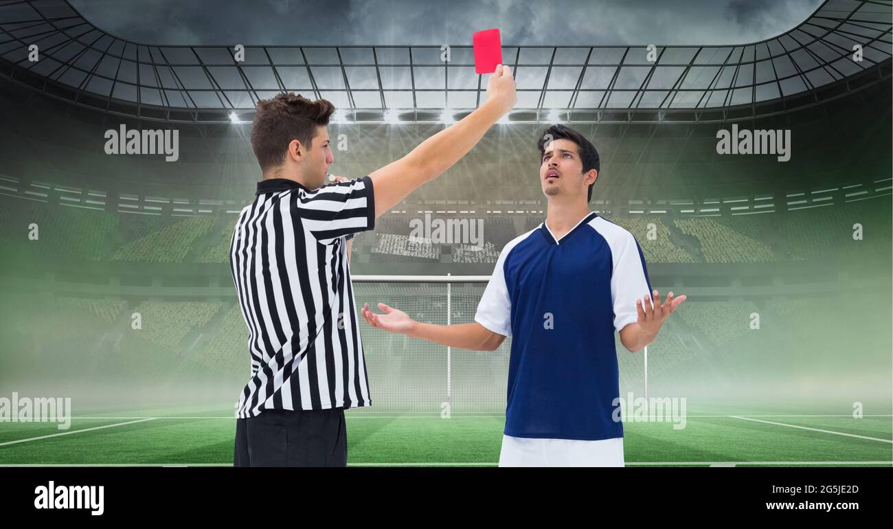 Premium Photo  Composition of male referee holding red card and player at  football stadium