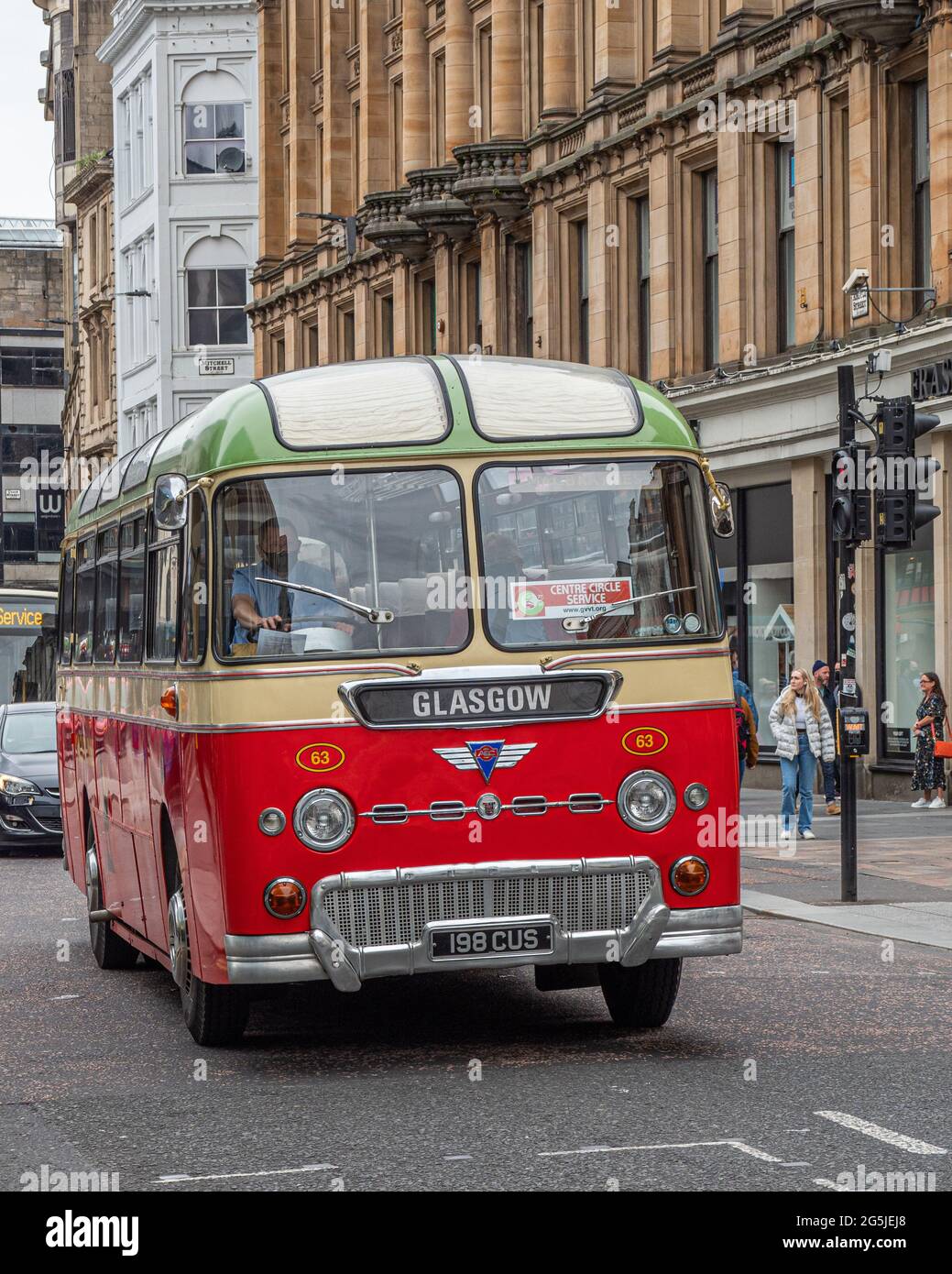 Glasgow, Scotland, UK. 26th June, 2021. Glasgow Vintage Vehicle Trust showcase their collection of vintage buses around the streets of Glasgow as part Stock Photo