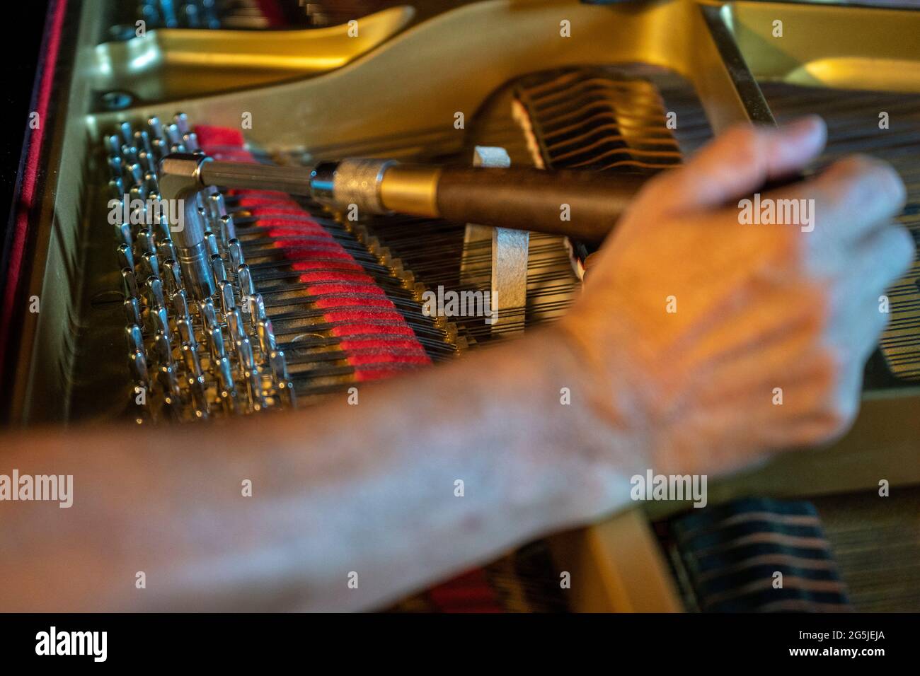 Man tuning a concert grand piano Stock Photo Alamy