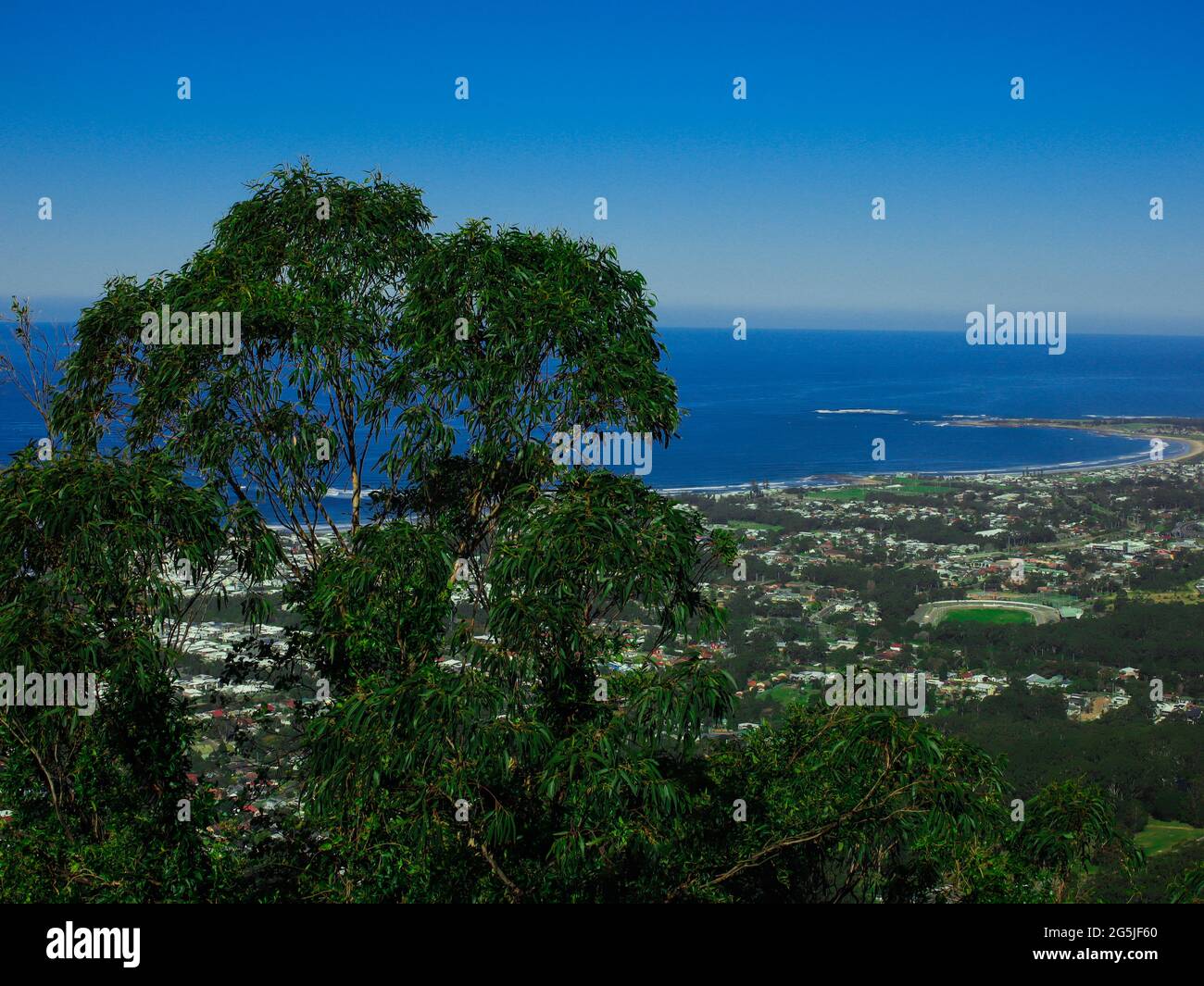 Panorama view of Wollongong Sydney Australia from Bulli Lookout on a sunny winters day blue skies Stock Photo