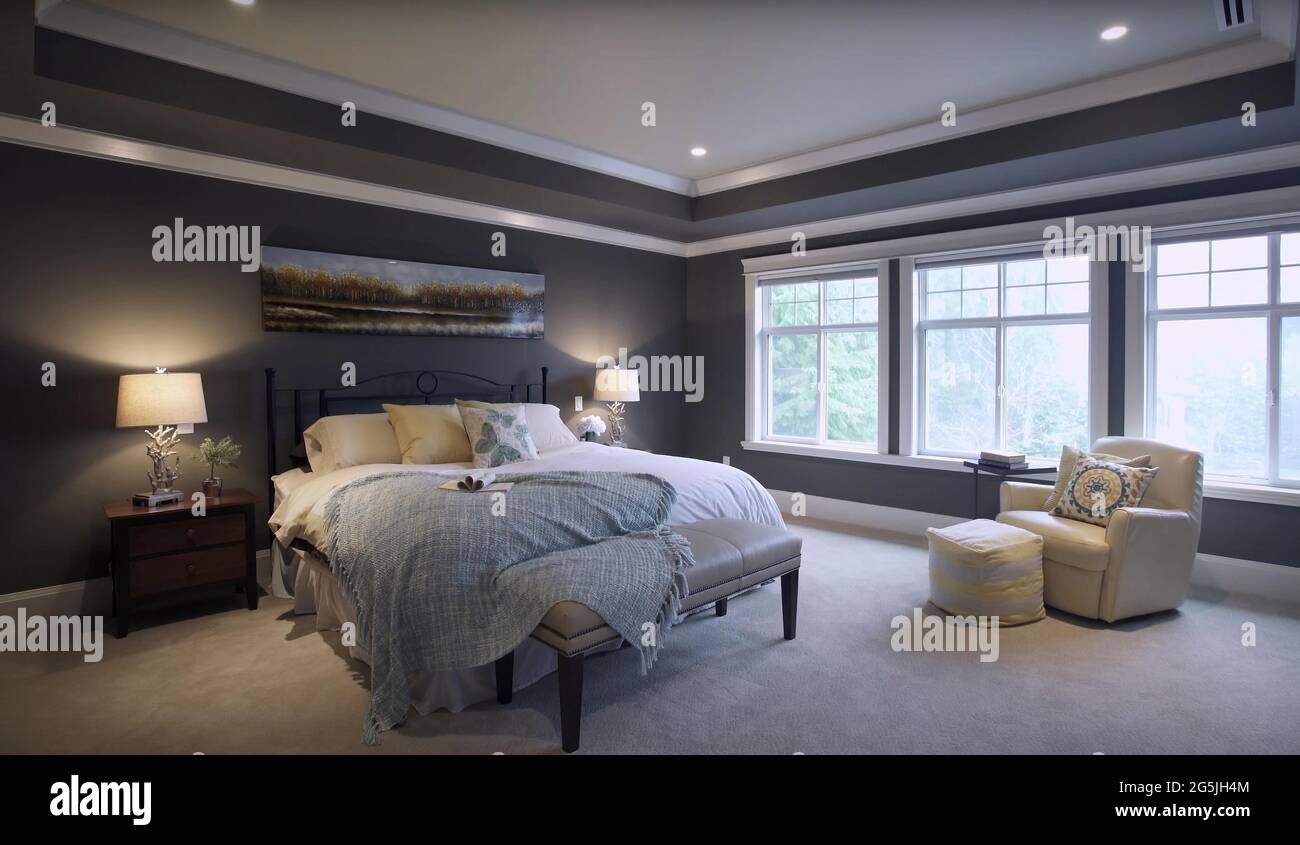 Luxurious Bright Bedroom With Comfortable King Size Bed and Modern