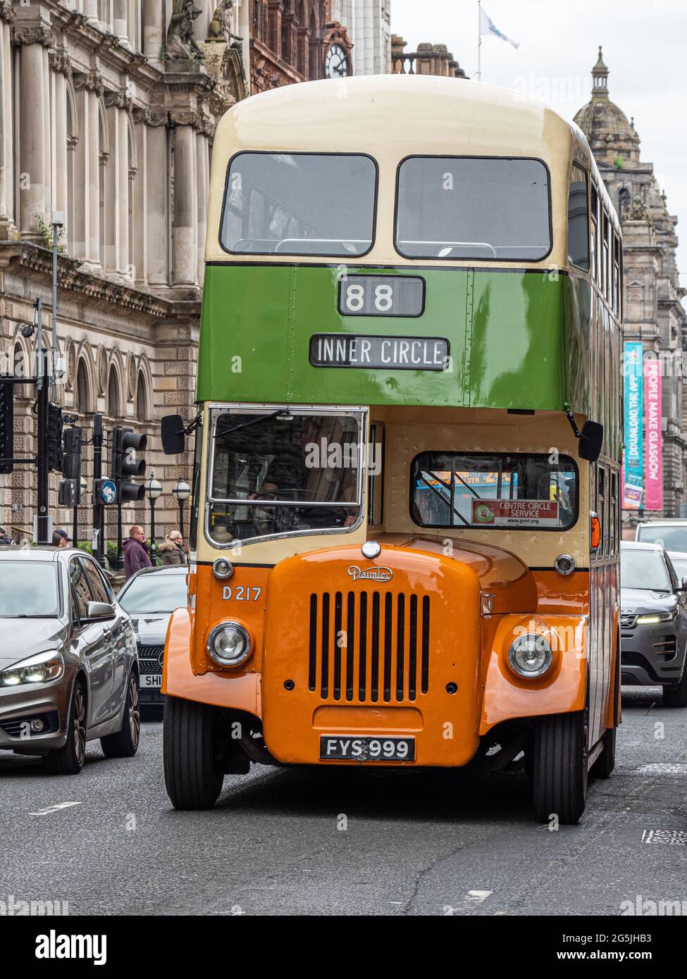 Glasgow, Scotland, UK. 26th June, 2021. Glasgow Vintage Vehicle Trust showcase their collection of vintage buses around the streets of Glasgow as part Stock Photo