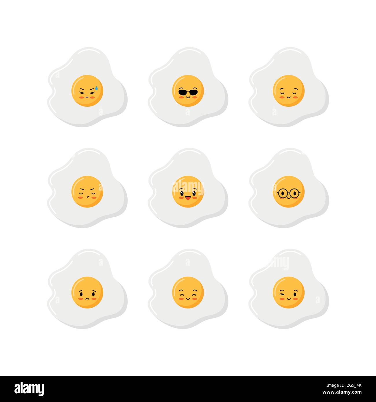 Cute fried eggs icon set, top view, isolated on white background. Stock Vector