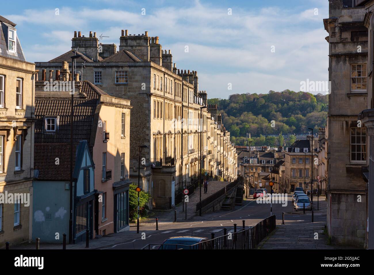 View down Lansdown Road on a quiet, sunny day. Alexandra Park and Beechen Cliff can be seen in the background. Stock Photo
