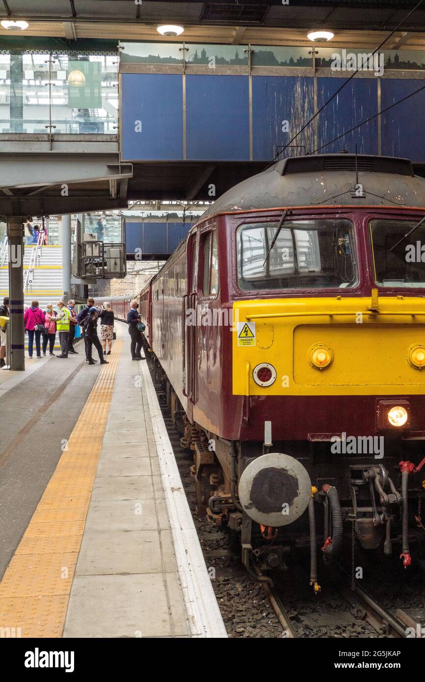 Flying Scotsman Train arrived at the platform in Edinburgh Waverley