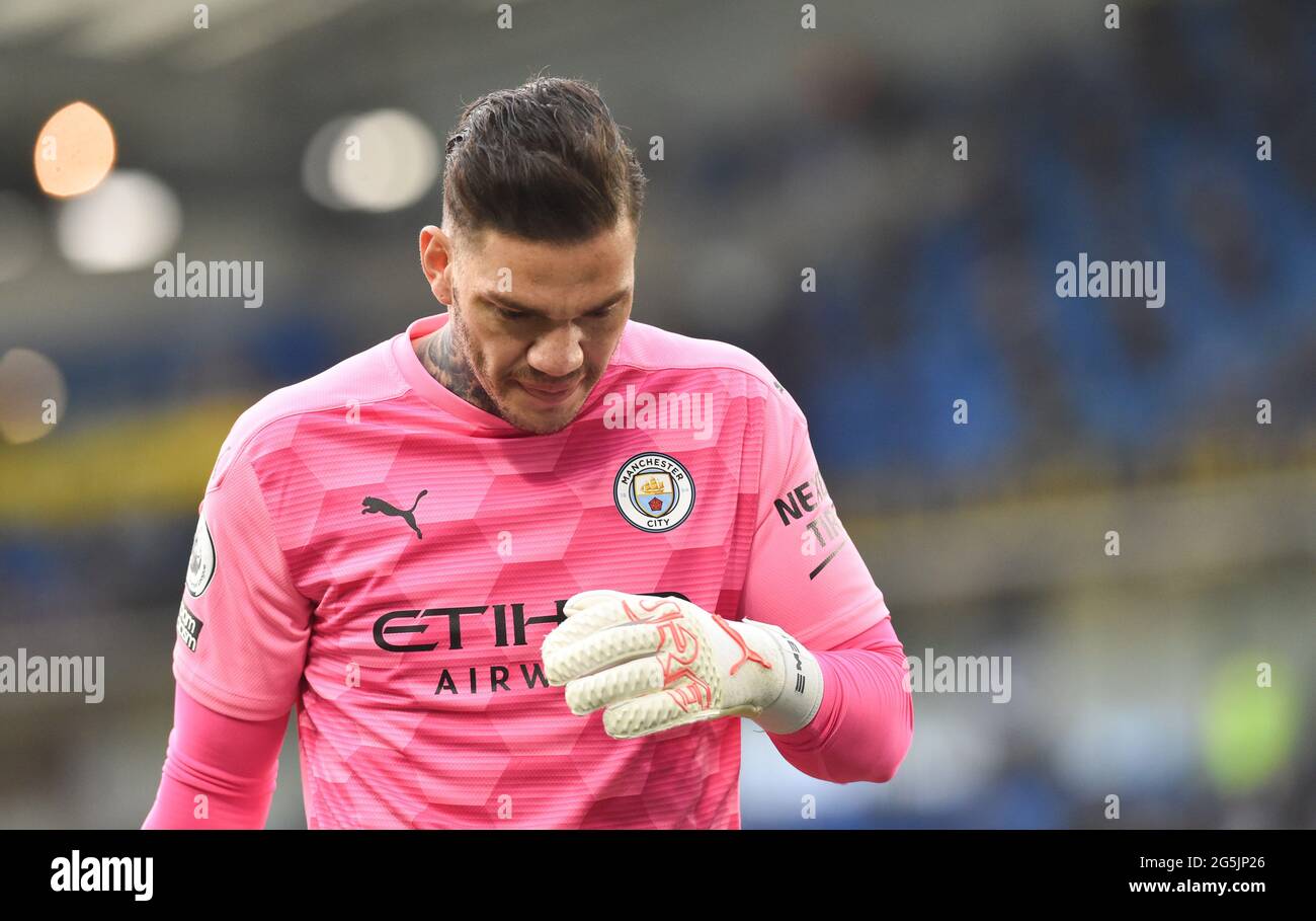 Goalkeeper Ederson of Manchester City during the Premier League match  between Brighton and Hove Albion and Manchester City at the American  Express Stadium , Brighton , UK - 18th May 2021 -