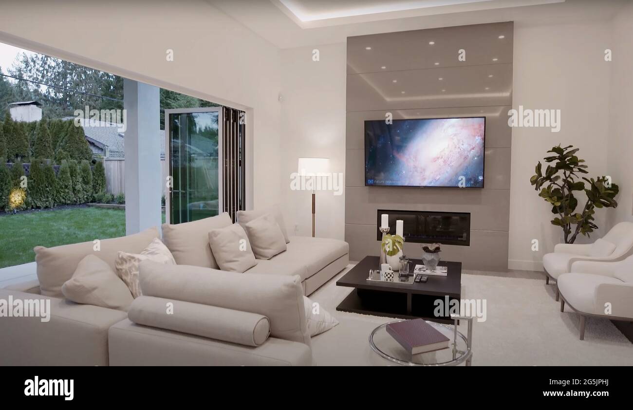 Spacious Big Living Room Of Luxurious Estate With Wooden Elements Modern Mansion Interior With With A New Stylish Furniture Design Stock Photo Alamy