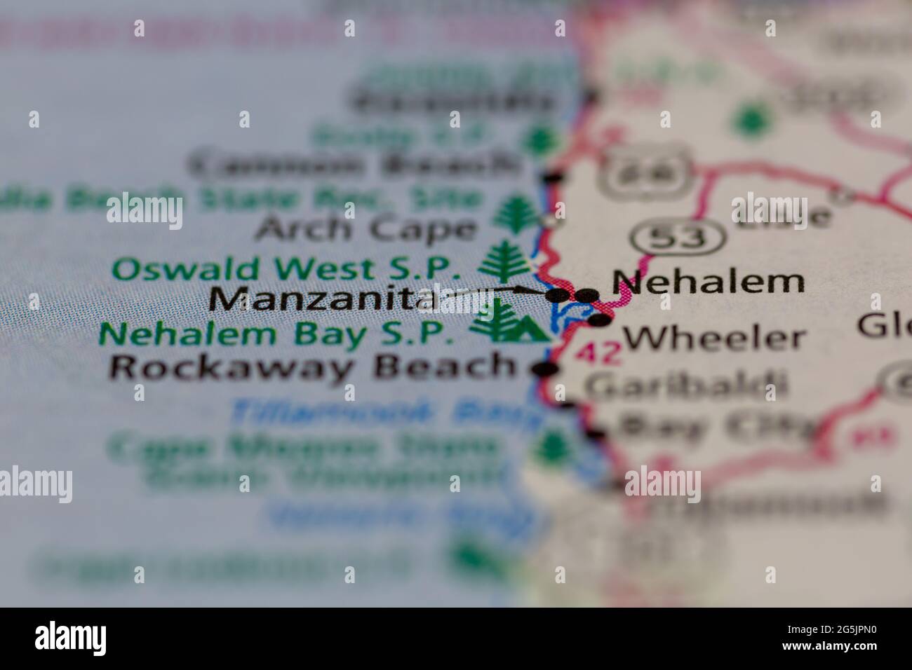 Manzanita Oregon USA shown on a Geography map or road map Stock Photo