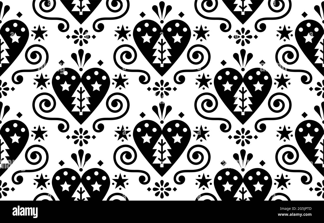 Christmas cute Scandinavian folk art vector black and white seamless pattern with hearts, christmas trees, flowers and swirls Stock Vector