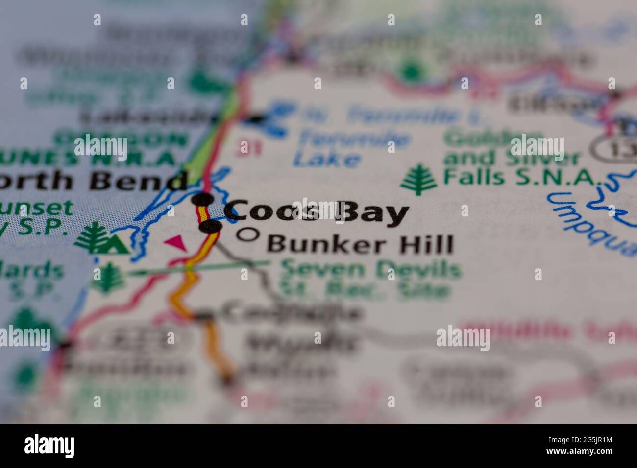 Coos Bay Oregon USA shown on a Geography map or road map Stock Photo
