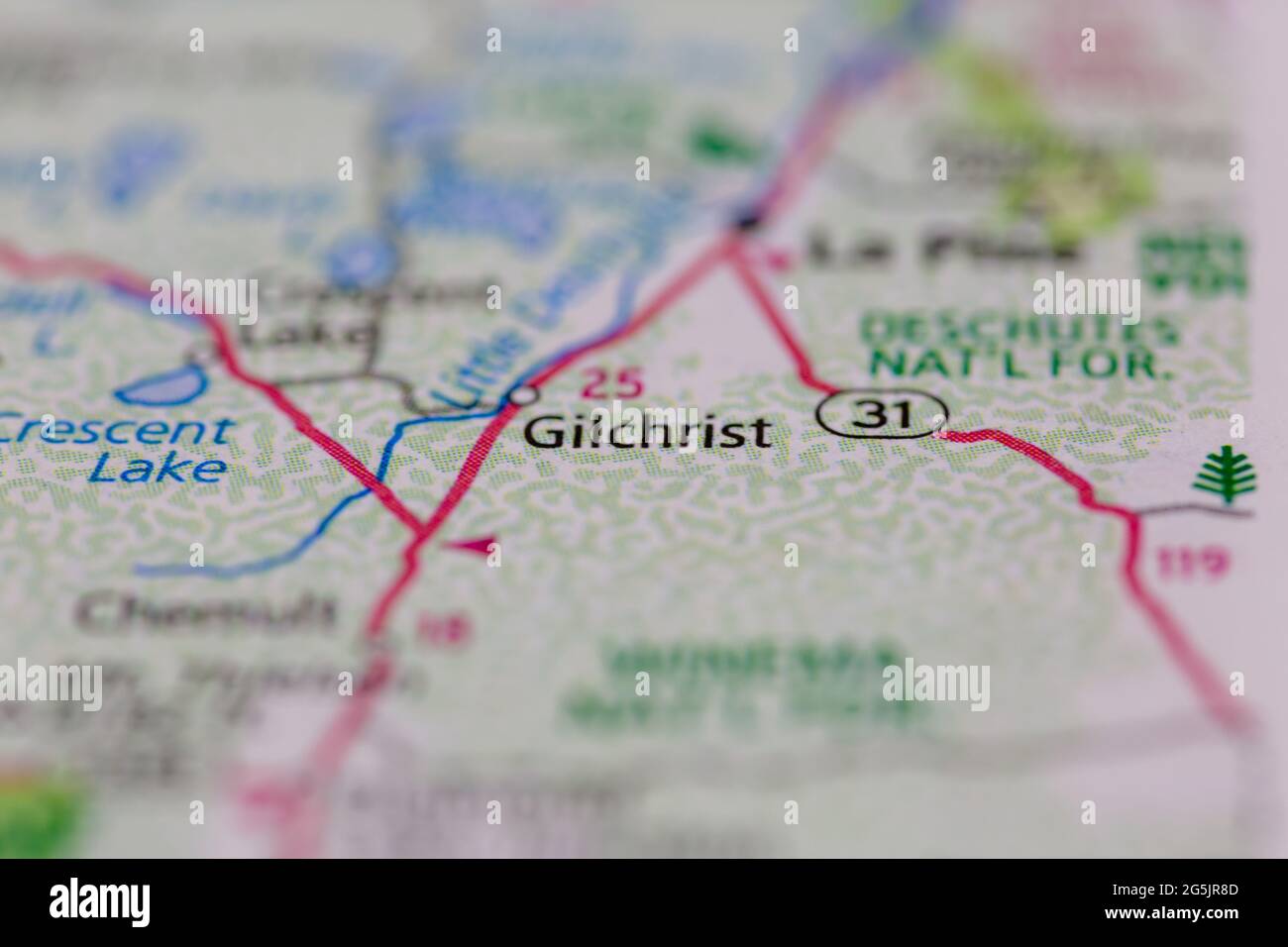 Gilchrist Oregon USA shown on a Geography map or road map Stock Photo