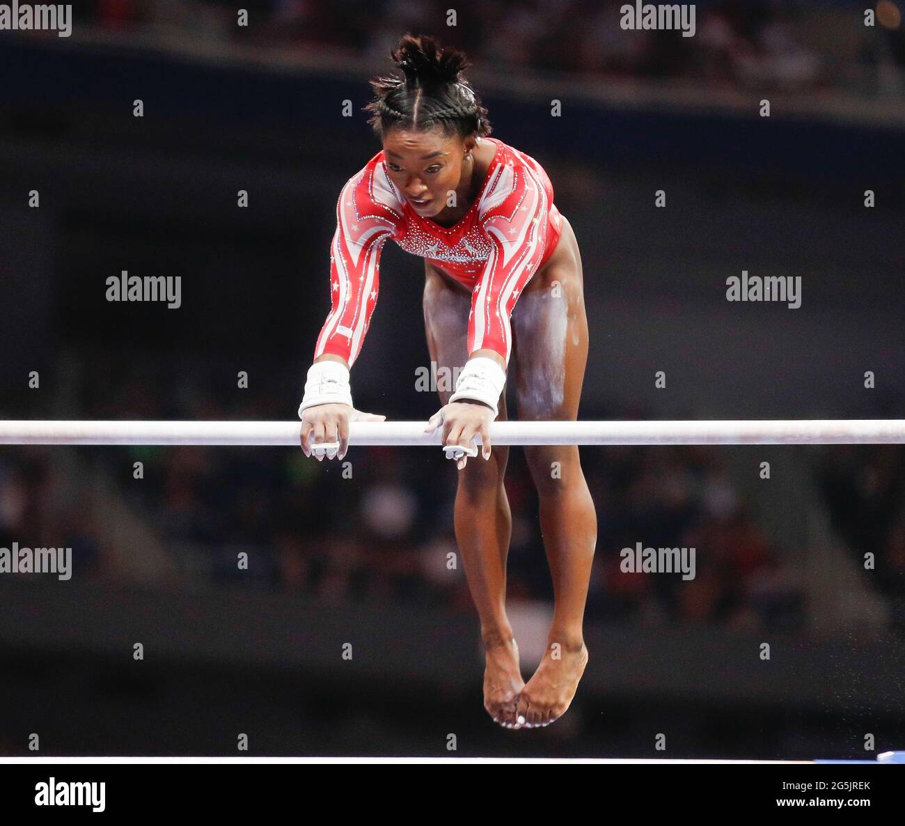 June 27, 2021 Simone Biles on the uneven parallel bars during Day 2 of the 2021 U.S. Women