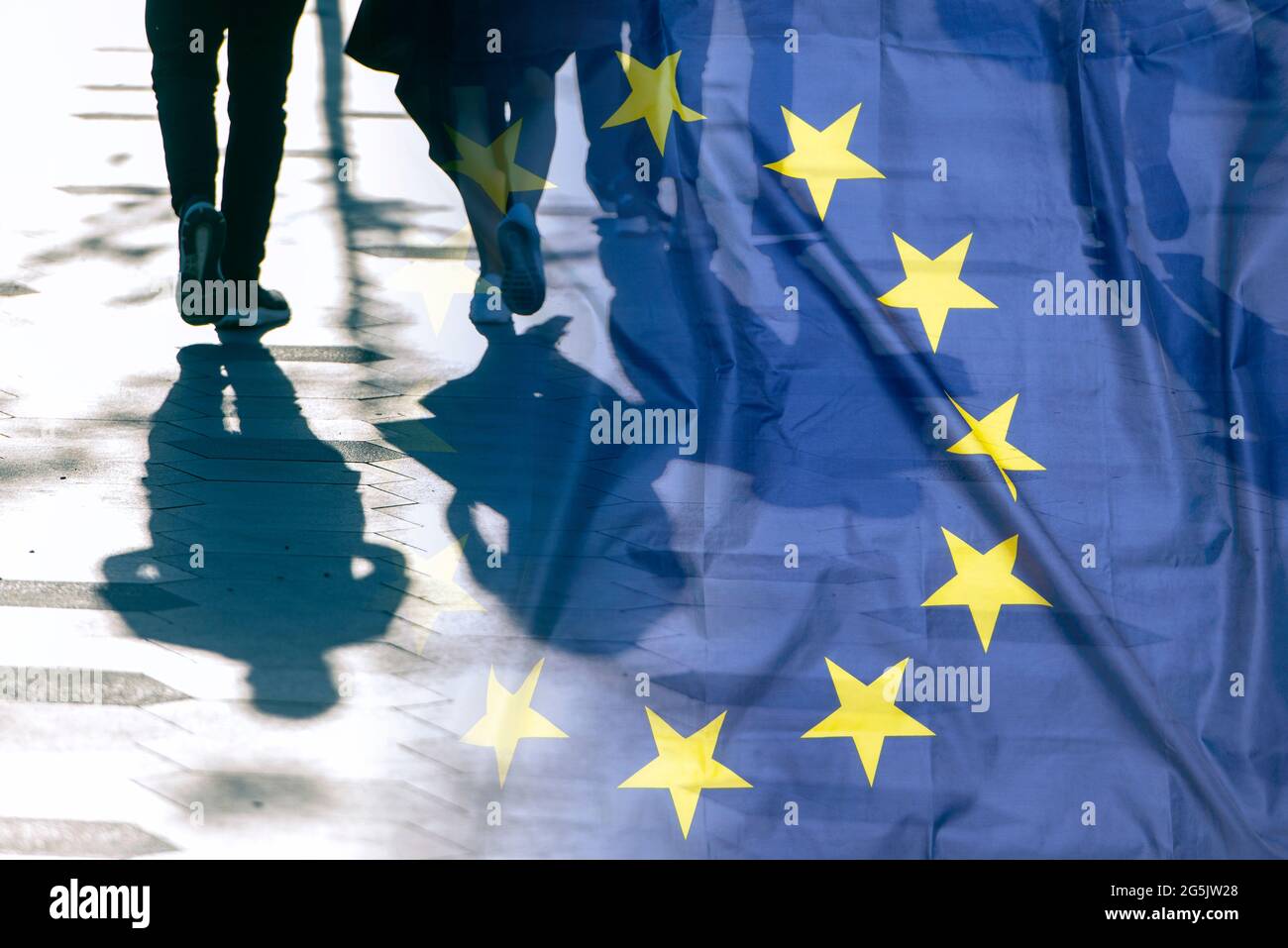 EU or European Union Flag and shadows of people, concept political picture Stock Photo