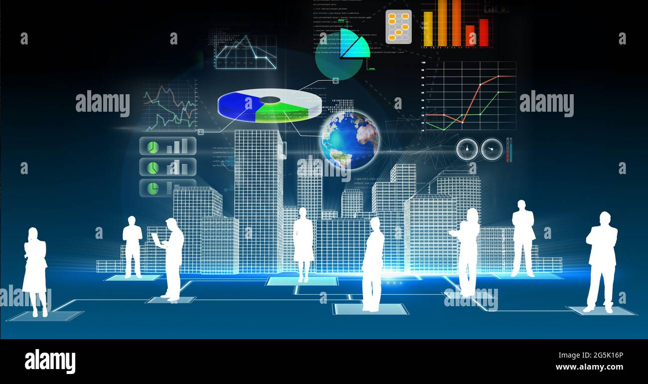 Composition of digital icons, data processing and cityscape Stock Photo ...