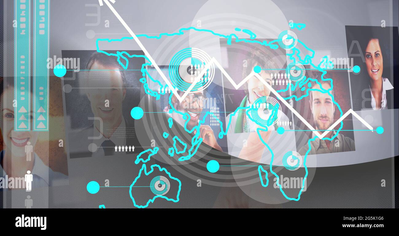 Composition of interactive screen with photos and data processing Stock Photo