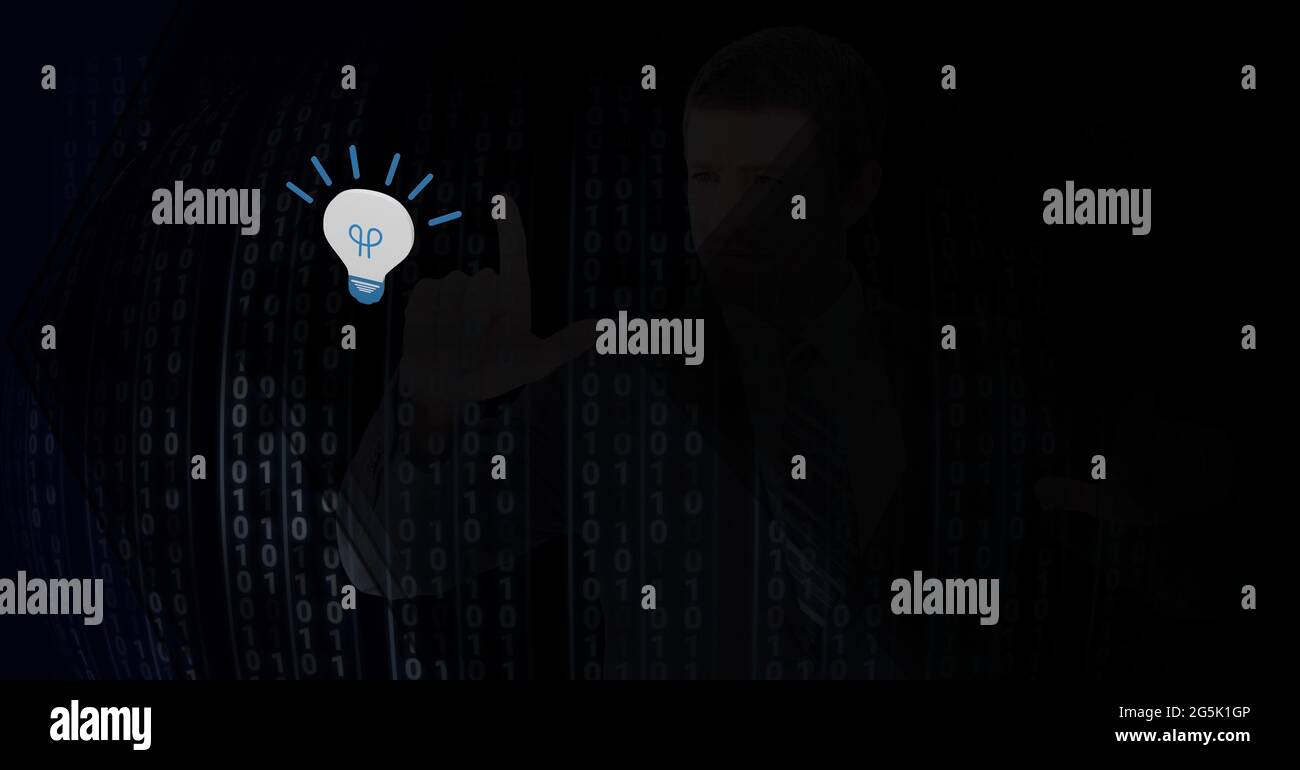Composition of lightbulb and binary coding processing Stock Photo