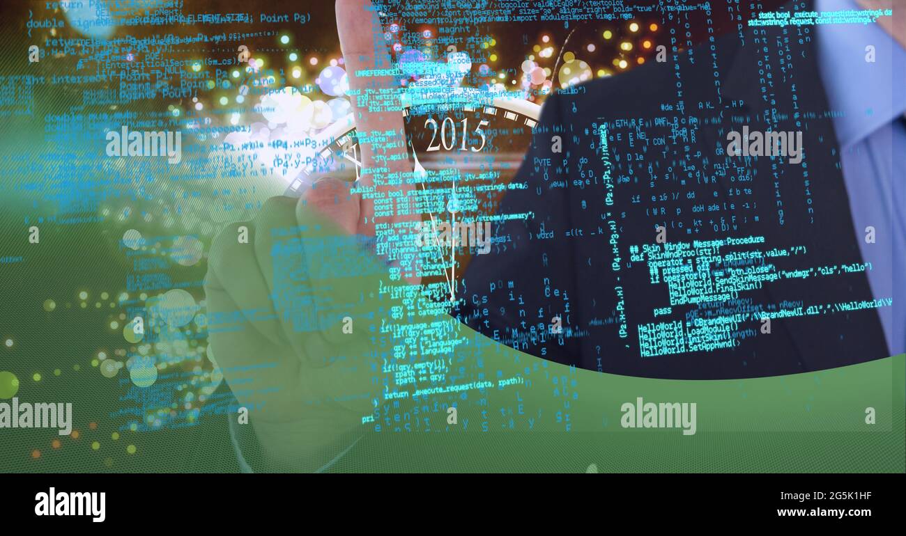 Animation of data processing over businessman touching screen Stock ...