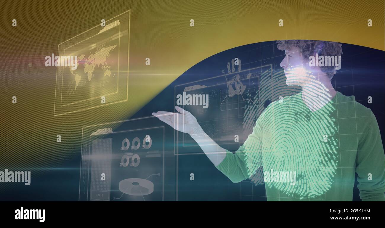 Composition of fingerprint and businessman touching interactive screen ...