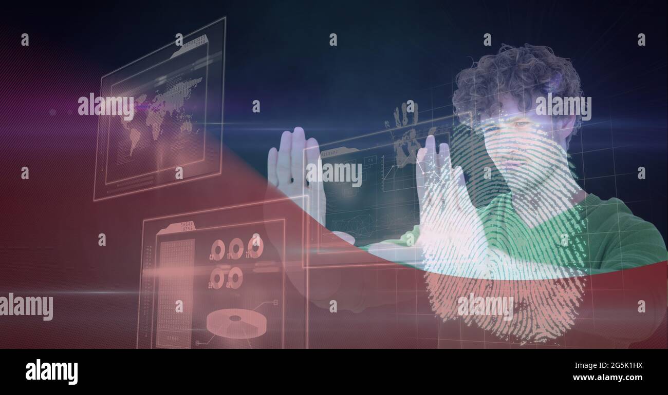 Composition of fingerprint and businessman touching interactive screen with data processing Stock Photo