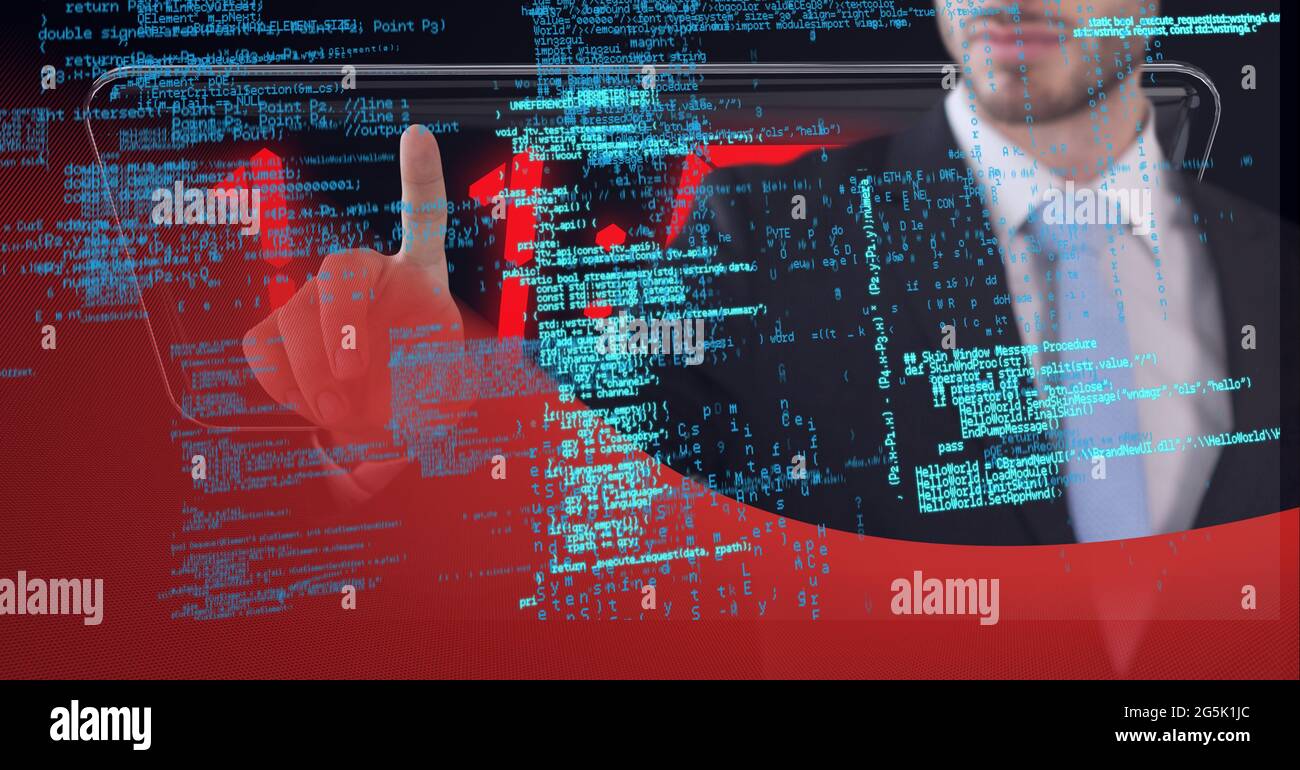 Animation of data processing over businessman touching screen Stock ...