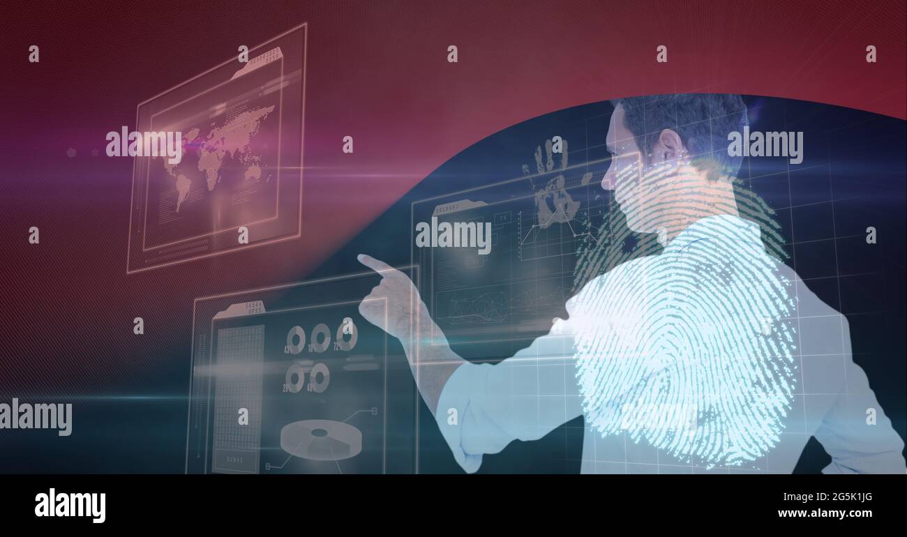 Composition of fingerprint and businessman touching interactive screen ...