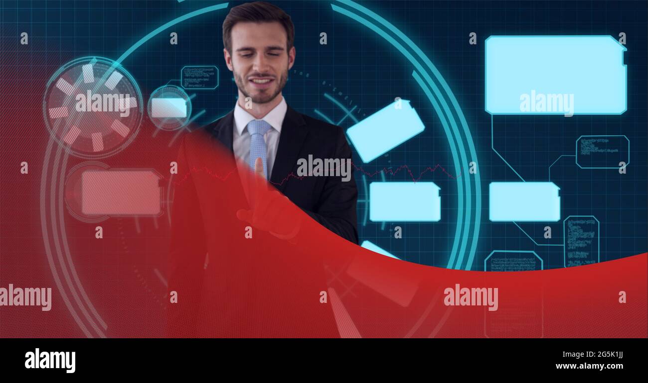 Animation of data processing over businessman touching screen Stock ...