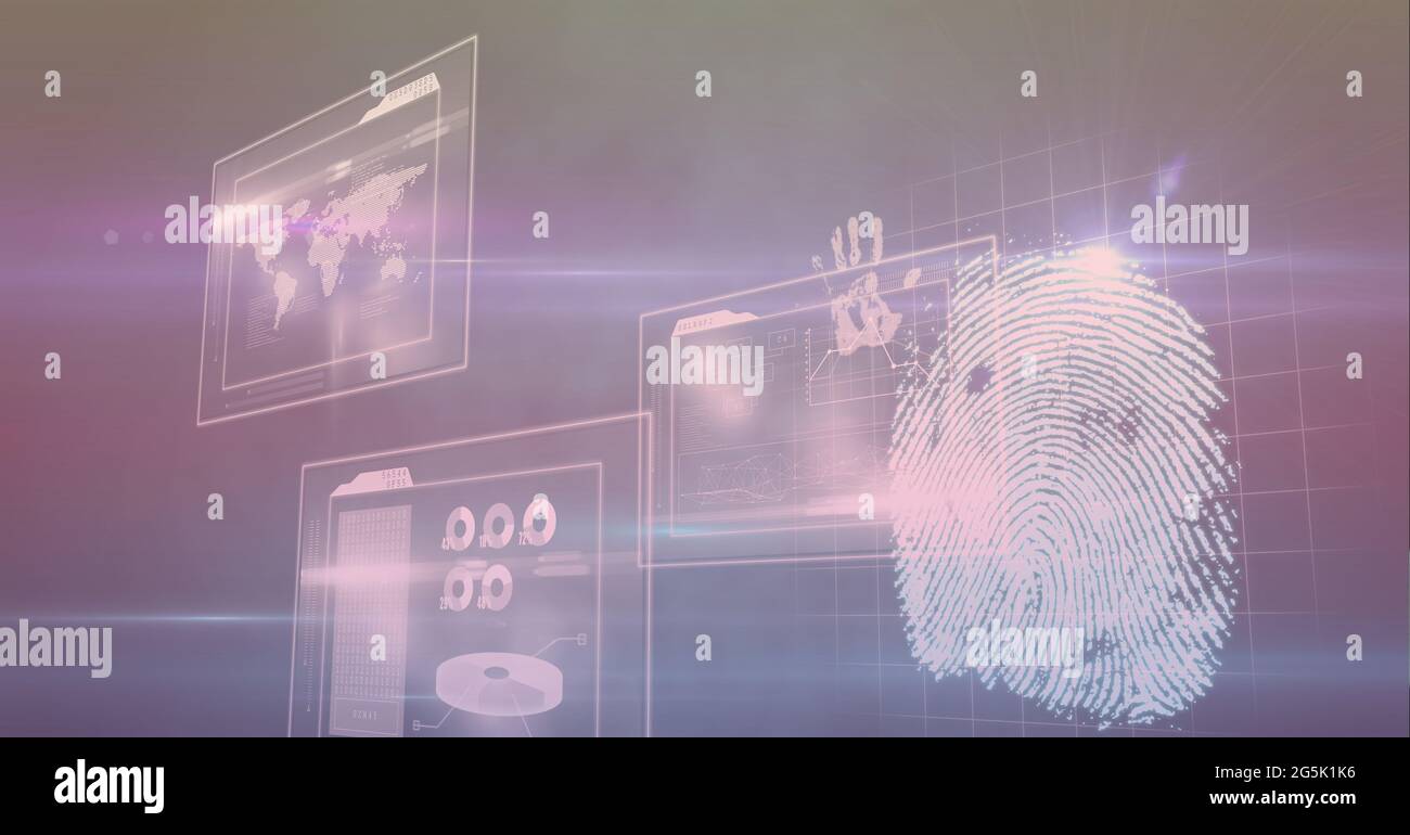Composition of fingerprint and interactive screen with data processing Stock Photo