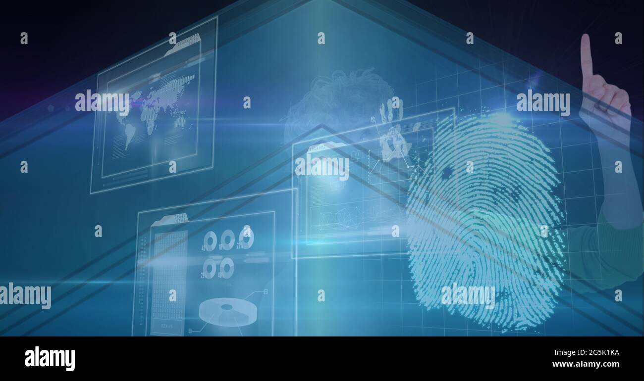 Composition of fingerprint and businessman touching interactive screen with data processing Stock Photo