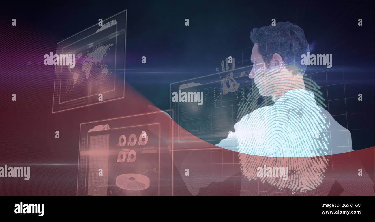Composition of fingerprint and businessman touching interactive screen with data processing Stock Photo