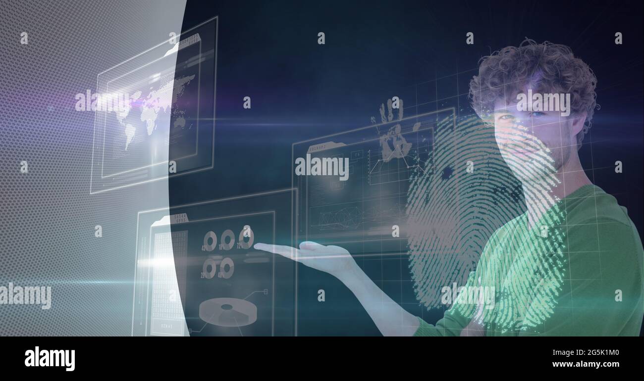 Composition of fingerprint and businessman touching interactive screen ...