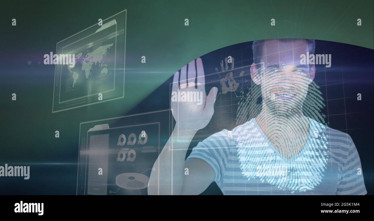 Composition of fingerprint and businessman touching interactive screen ...