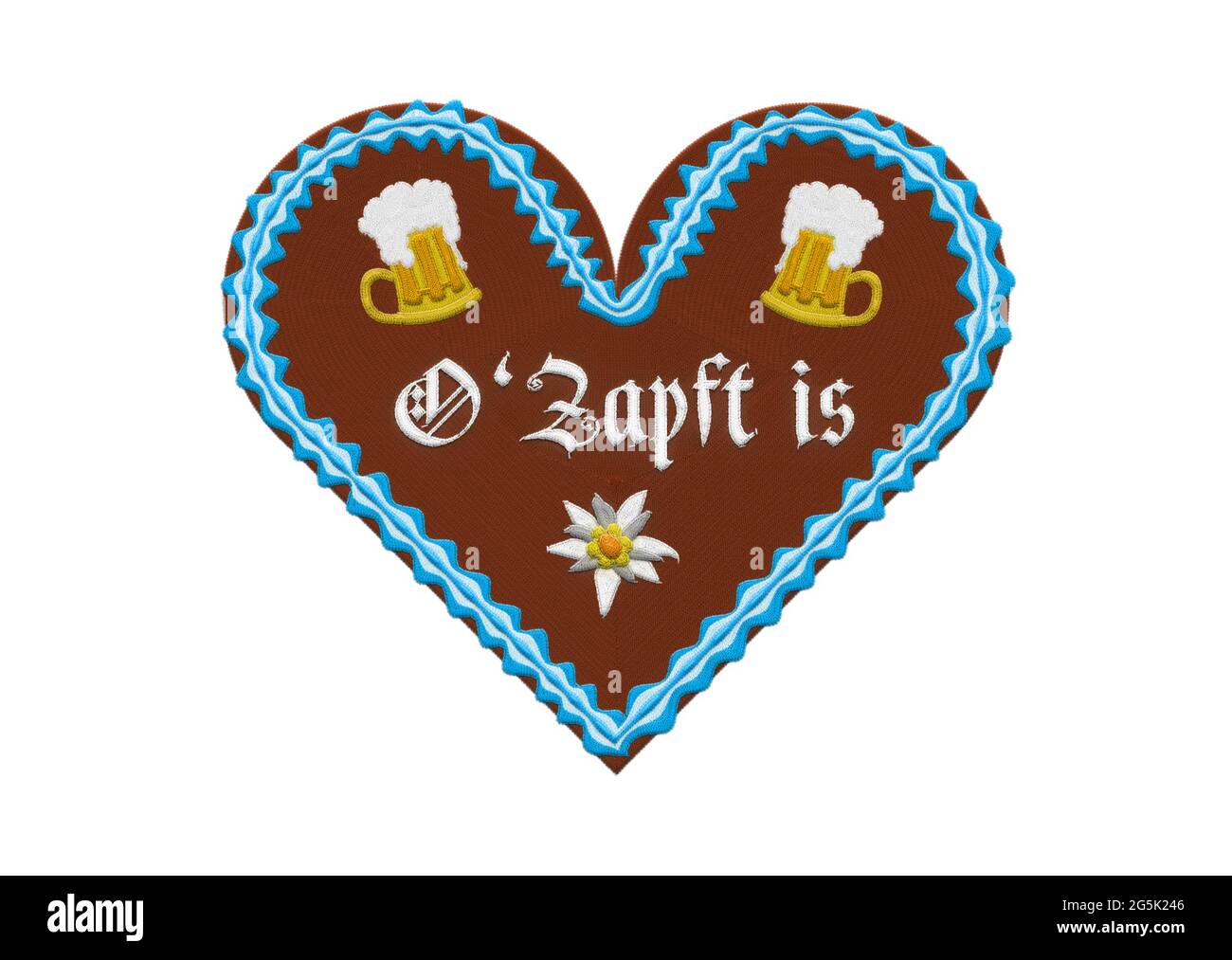Embroidered Oktoberfest gingerbread heart with beer mug and edelweiss